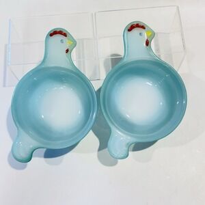 Vintage Glasbake Teal Green Milk Glass Bowls Chicken Rooster Handles Pair of 2